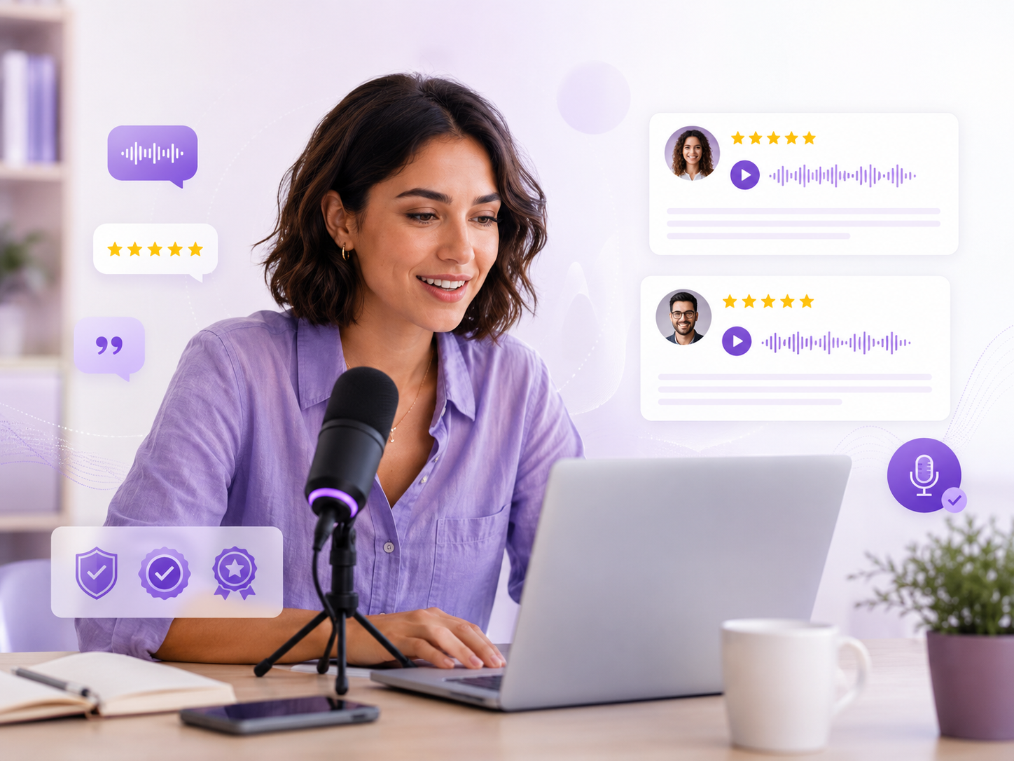 Creator recording a voice testimonial at a desk with floating review cards